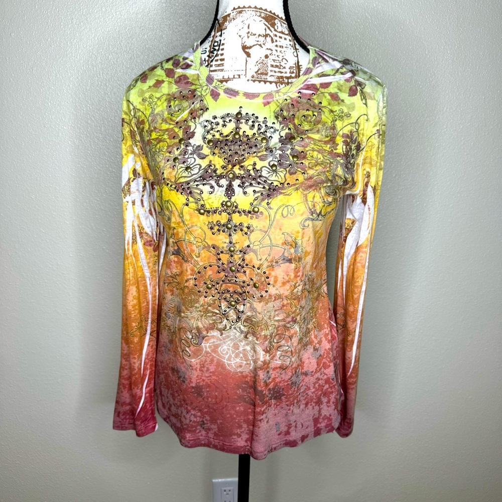 REBA Y2K Embellished Long sleeve multicolor Scoop neck Bedazzled Shirt Sz Med